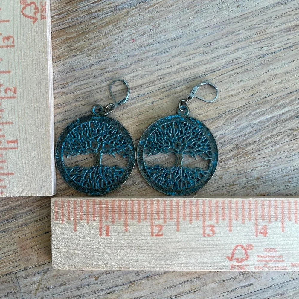 Tree of Life Bronze & Teal Dangle Surgical Steel Lever Back Earrings‎ Bohemian